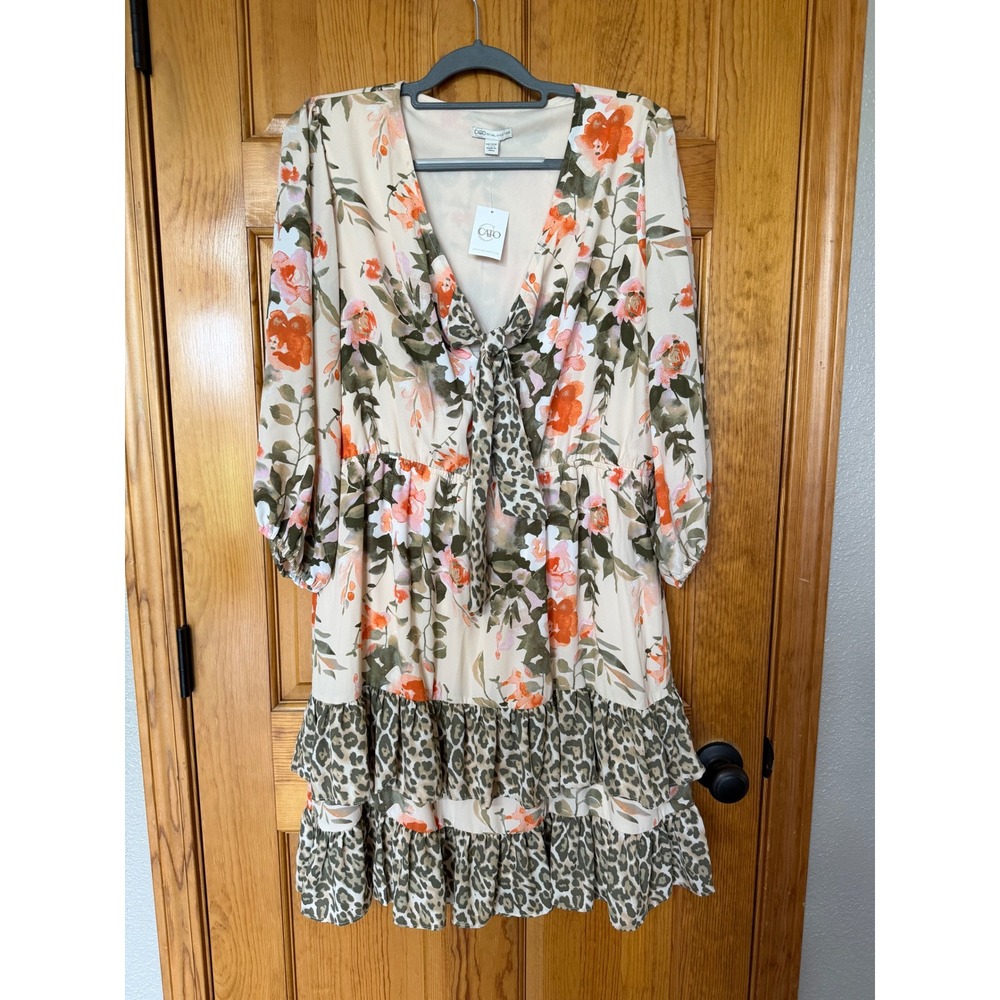 Cato Womens Floral Leopard Mixed Print Tie Front Tiered Ruffle Mini Dress 14/16W